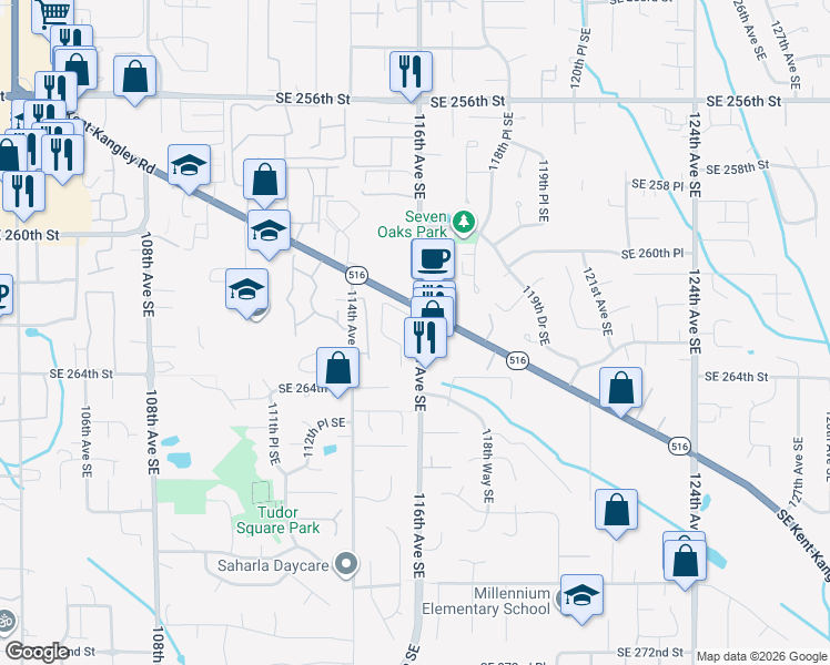 map of restaurants, bars, coffee shops, grocery stores, and more near 26209 116th Avenue Southeast in Kent