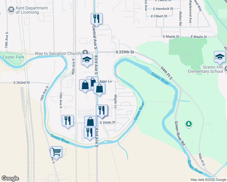 map of restaurants, bars, coffee shops, grocery stores, and more near 1519 Maple Lane in Kent