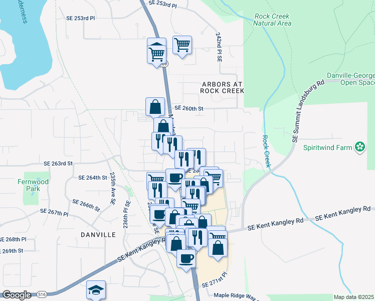 map of restaurants, bars, coffee shops, grocery stores, and more near 24036 Southeast 262nd Place in Maple Valley