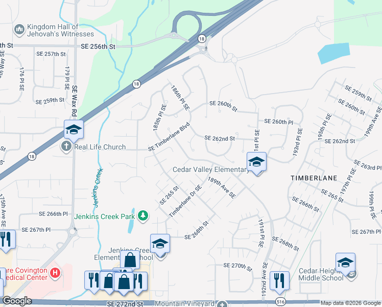 map of restaurants, bars, coffee shops, grocery stores, and more near 26219 187th Place Southeast in Covington