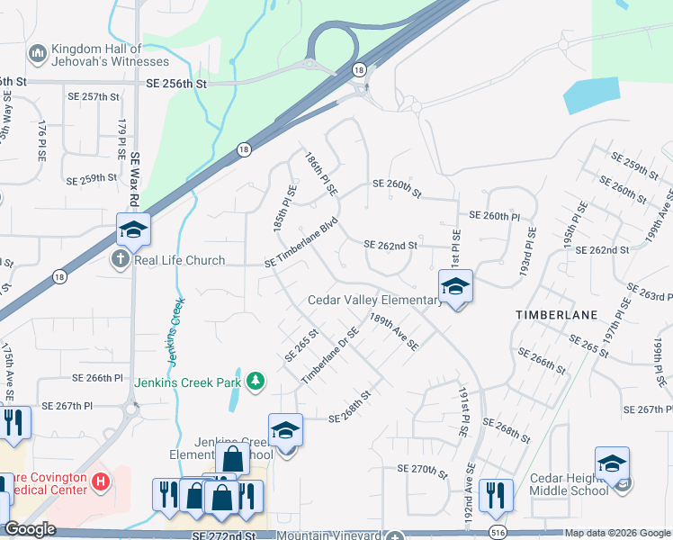 map of restaurants, bars, coffee shops, grocery stores, and more near 26227 187th Place Southeast in Covington