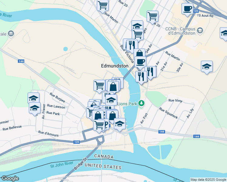 map of restaurants, bars, coffee shops, grocery stores, and more near 33 Rue de l'Église in Edmundston