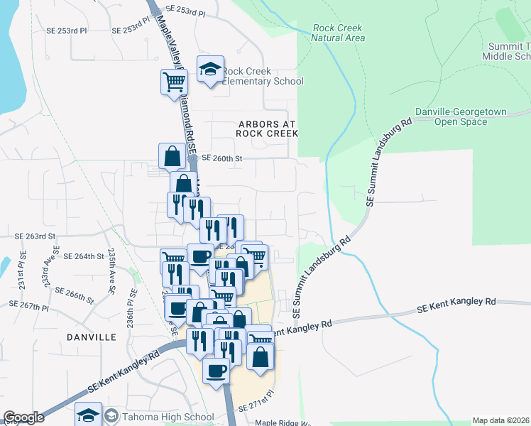 map of restaurants, bars, coffee shops, grocery stores, and more near 26138 242nd Court Southeast in Maple Valley