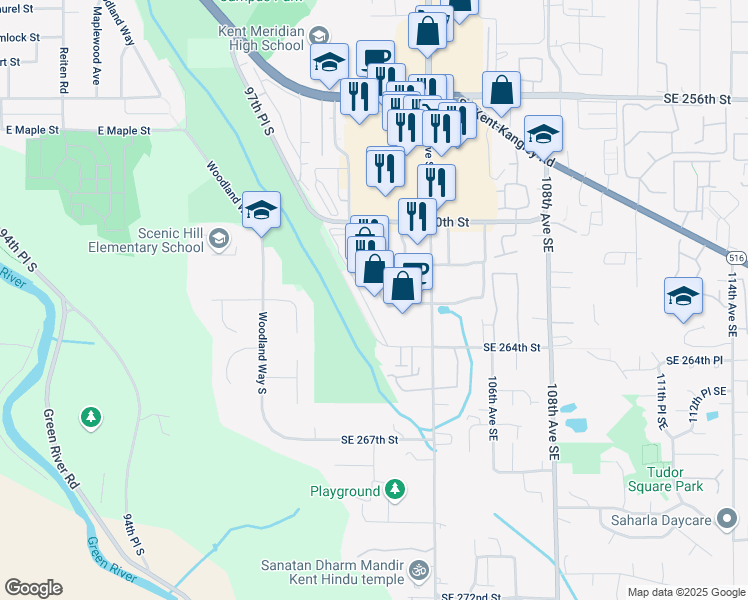 map of restaurants, bars, coffee shops, grocery stores, and more near 26117 104th Avenue Southeast in Kent
