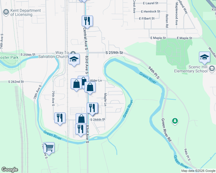 map of restaurants, bars, coffee shops, grocery stores, and more near 422 Alder Lane in Kent