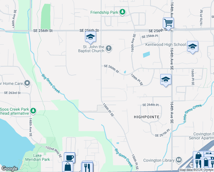 map of restaurants, bars, coffee shops, grocery stores, and more near 15618 Southeast 262nd Place in Covington