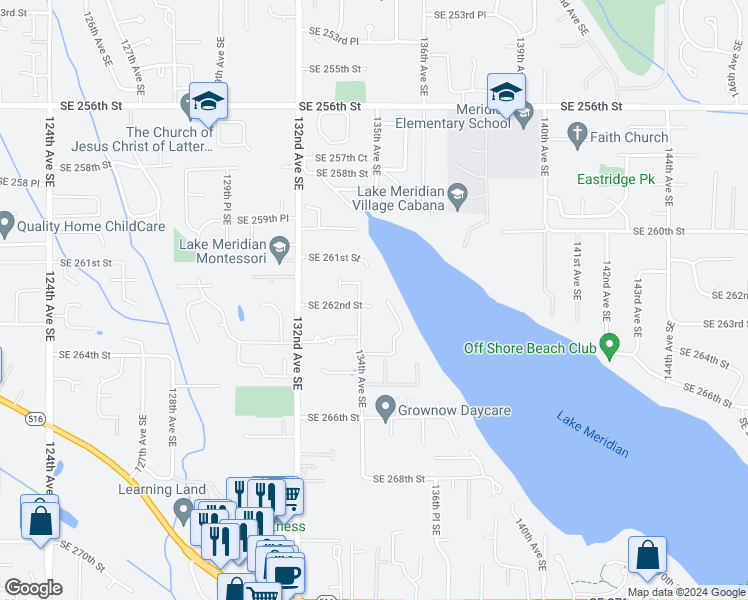 map of restaurants, bars, coffee shops, grocery stores, and more near 13410 Southeast 262nd Street in Kent