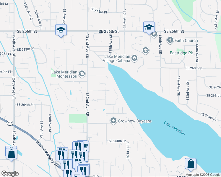 map of restaurants, bars, coffee shops, grocery stores, and more near 26200 135th Avenue Southeast in Kent