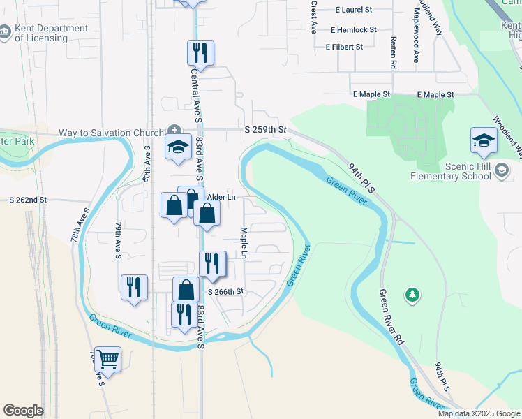 map of restaurants, bars, coffee shops, grocery stores, and more near 1406 Maple Lane in Kent