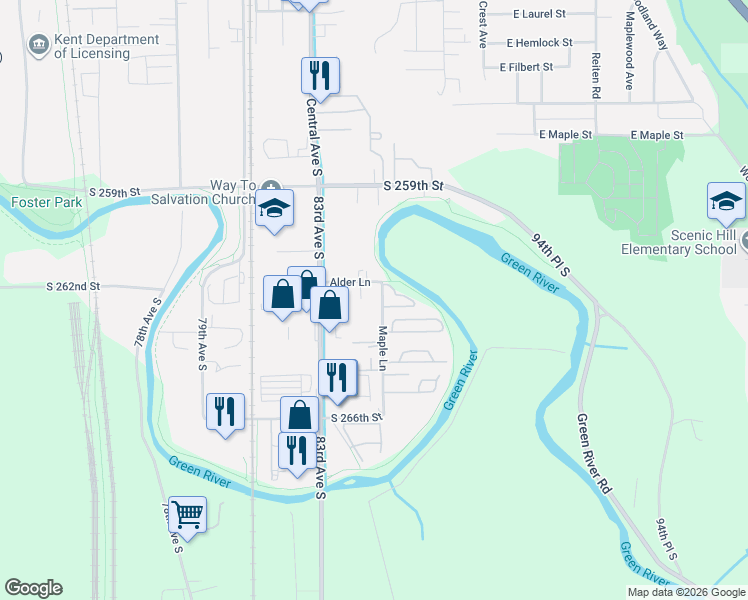 map of restaurants, bars, coffee shops, grocery stores, and more near 422 Alder Lane in Kent