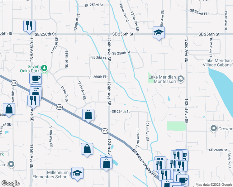 map of restaurants, bars, coffee shops, grocery stores, and more near 26215 125th Place Southeast in Kent