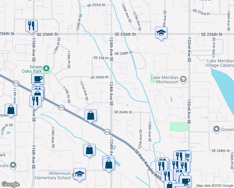 map of restaurants, bars, coffee shops, grocery stores, and more near 26215 125th Place Southeast in Kent