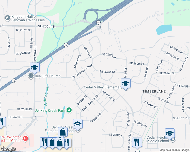 map of restaurants, bars, coffee shops, grocery stores, and more near 27018 187th Place Southeast in Covington