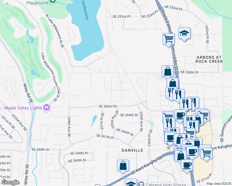 map of restaurants, bars, coffee shops, grocery stores, and more near 26209 233rd Court Southeast in Maple Valley
