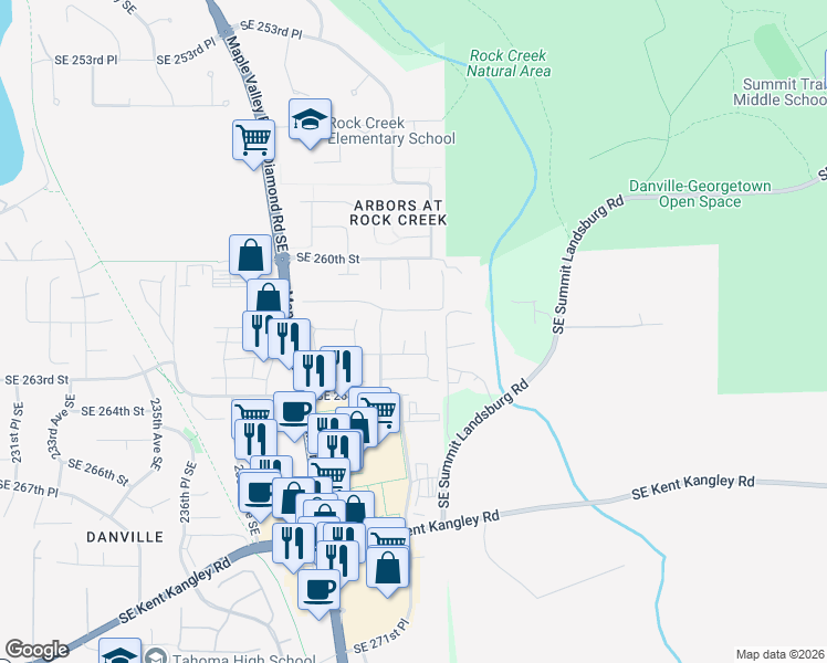 map of restaurants, bars, coffee shops, grocery stores, and more near 26138 242nd Court Southeast in Maple Valley
