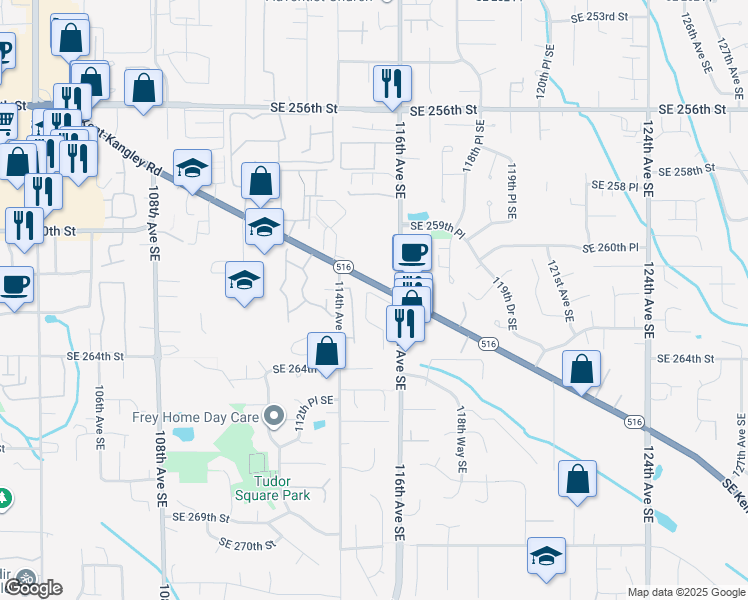 map of restaurants, bars, coffee shops, grocery stores, and more near 26220 114th Lane Southeast in Kent