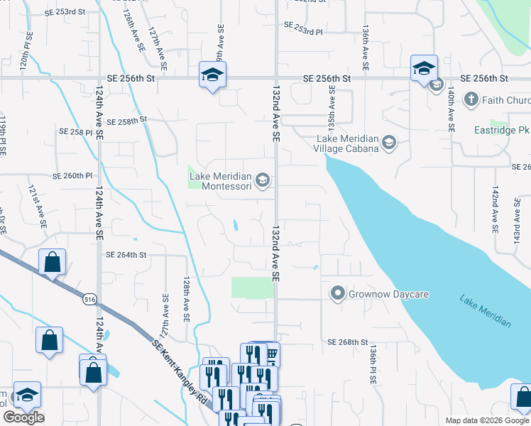 map of restaurants, bars, coffee shops, grocery stores, and more near 26230 131st Place Southeast in Kent