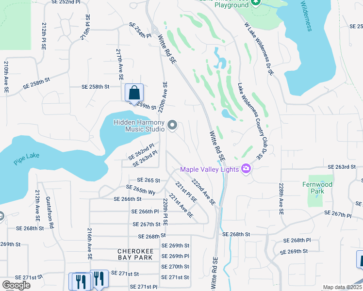 map of restaurants, bars, coffee shops, grocery stores, and more near 22053 Southeast 261st Place in Maple Valley