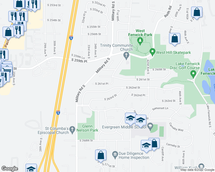 map of restaurants, bars, coffee shops, grocery stores, and more near 3511 South 261st Place in Kent