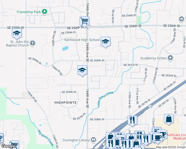 map of restaurants, bars, coffee shops, grocery stores, and more near 16422 Southeast 262nd Place in Covington