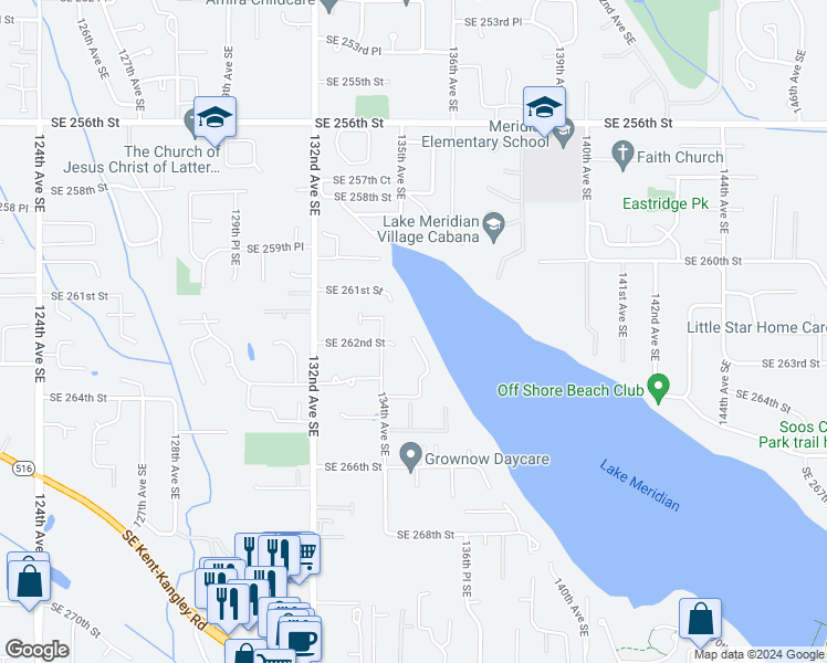 map of restaurants, bars, coffee shops, grocery stores, and more near 26200 135th Avenue Southeast in Kent