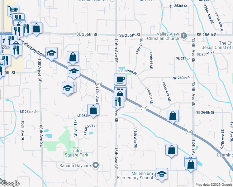 map of restaurants, bars, coffee shops, grocery stores, and more near SE Kent Kangley Rd & 116th Ave SE in Kent