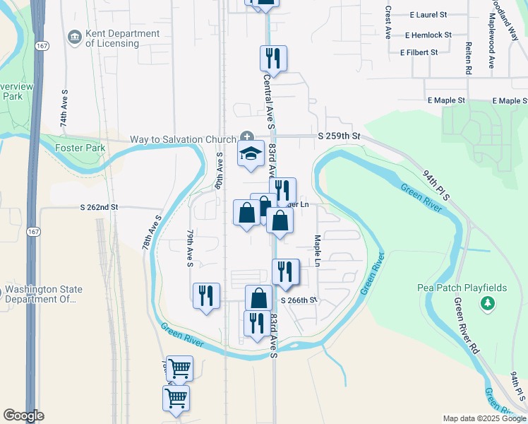 map of restaurants, bars, coffee shops, grocery stores, and more near 1405 Central Avenue South in Kent