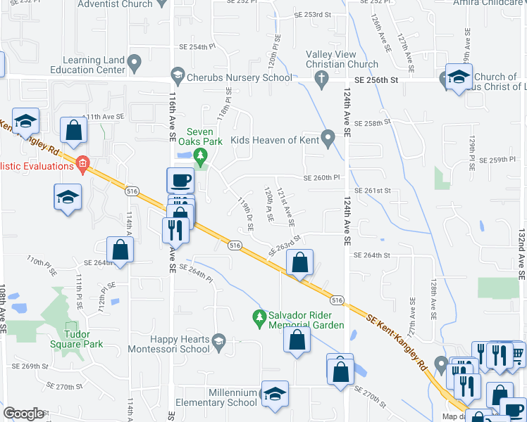 map of restaurants, bars, coffee shops, grocery stores, and more near 26123 120th Place Southeast in Kent