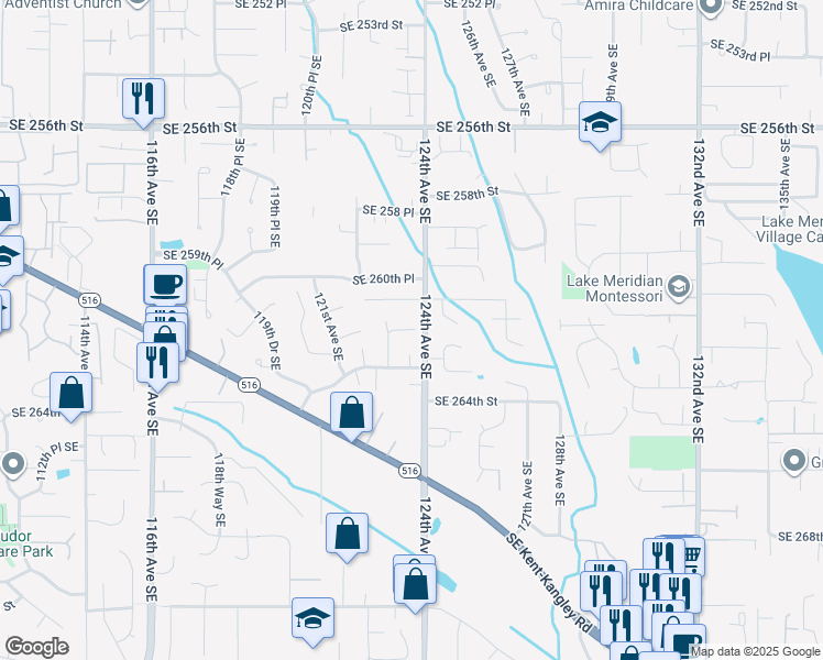 map of restaurants, bars, coffee shops, grocery stores, and more near 12305 Southeast 262nd Court in Kent