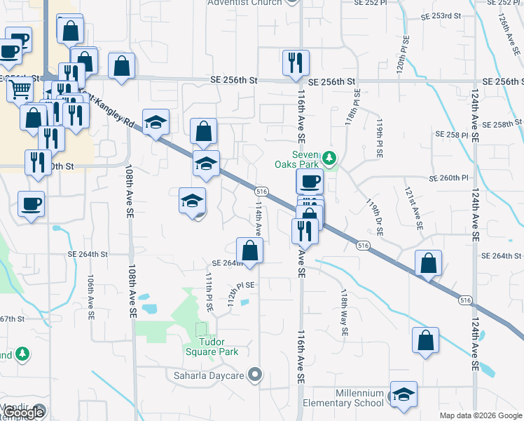 map of restaurants, bars, coffee shops, grocery stores, and more near 26220 114th Lane Southeast in Kent