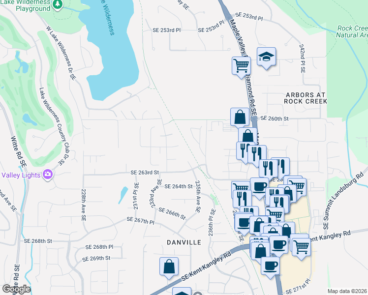 map of restaurants, bars, coffee shops, grocery stores, and more near 26216 235th Avenue Southeast in Maple Valley