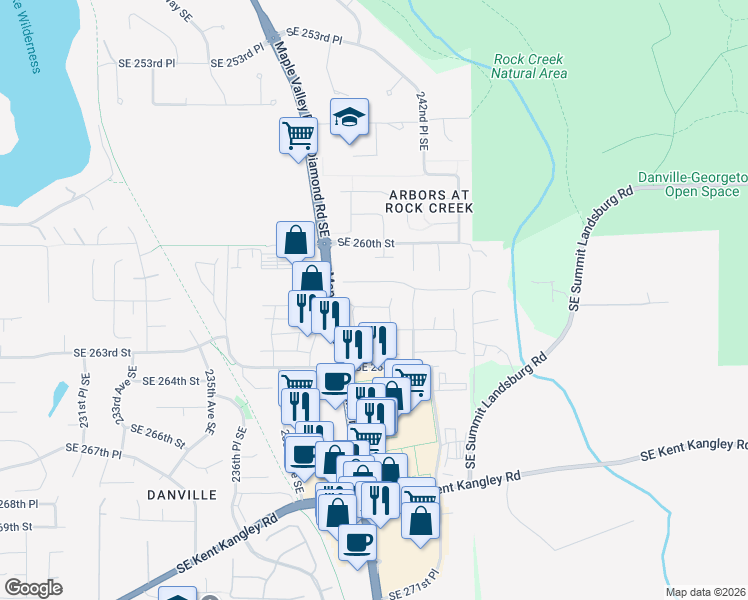 map of restaurants, bars, coffee shops, grocery stores, and more near 24052 Southeast 262nd Street in Maple Valley