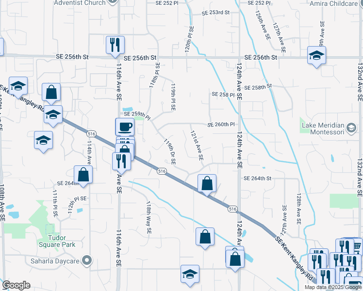 map of restaurants, bars, coffee shops, grocery stores, and more near 26123 120th Place Southeast in Kent