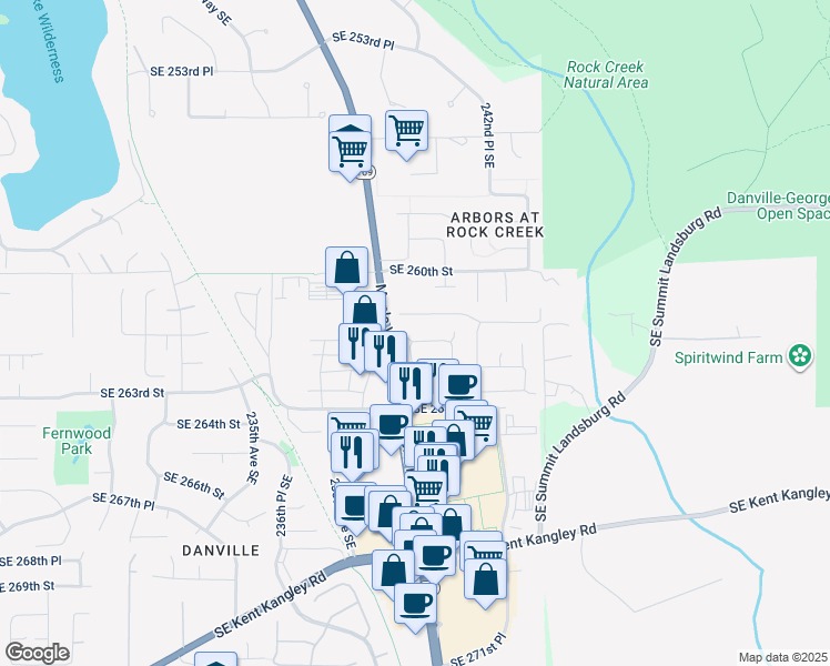 map of restaurants, bars, coffee shops, grocery stores, and more near 24052 Southeast 262nd Street in Maple Valley