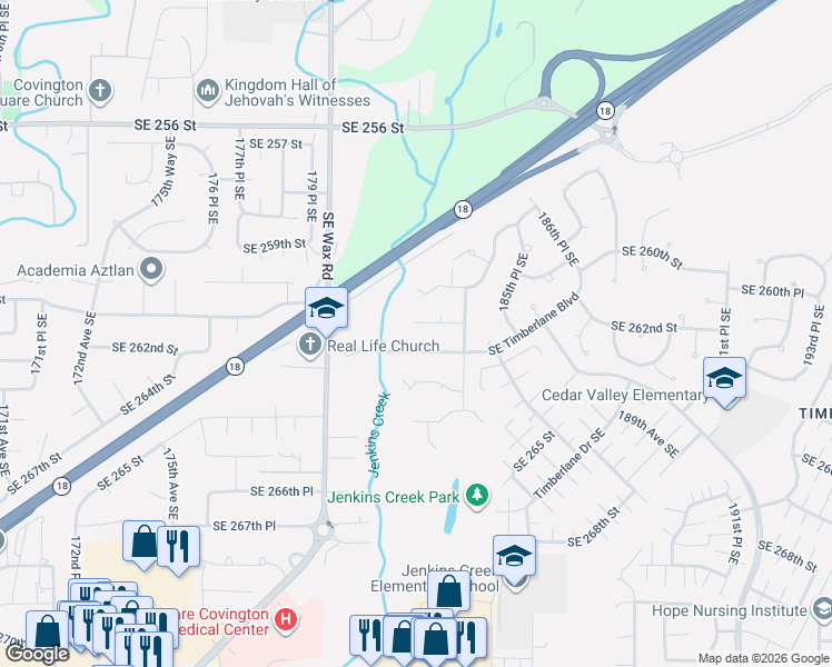 map of restaurants, bars, coffee shops, grocery stores, and more near 18218 Southeast 262nd Place in Covington