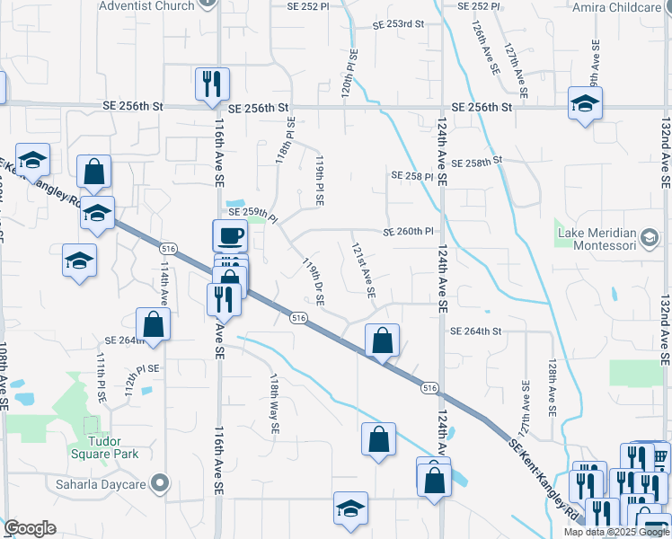 map of restaurants, bars, coffee shops, grocery stores, and more near 26123 120th Place Southeast in Kent