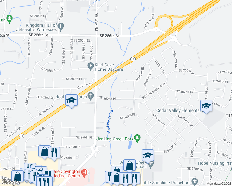 map of restaurants, bars, coffee shops, grocery stores, and more near 18209 Southeast 261st Court in Covington