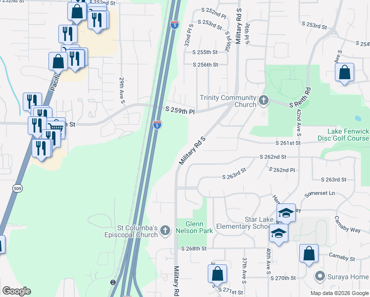 map of restaurants, bars, coffee shops, grocery stores, and more near 26061 Military Road South in Kent