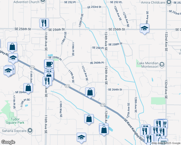 map of restaurants, bars, coffee shops, grocery stores, and more near 12118 Southeast 262nd Court in Kent