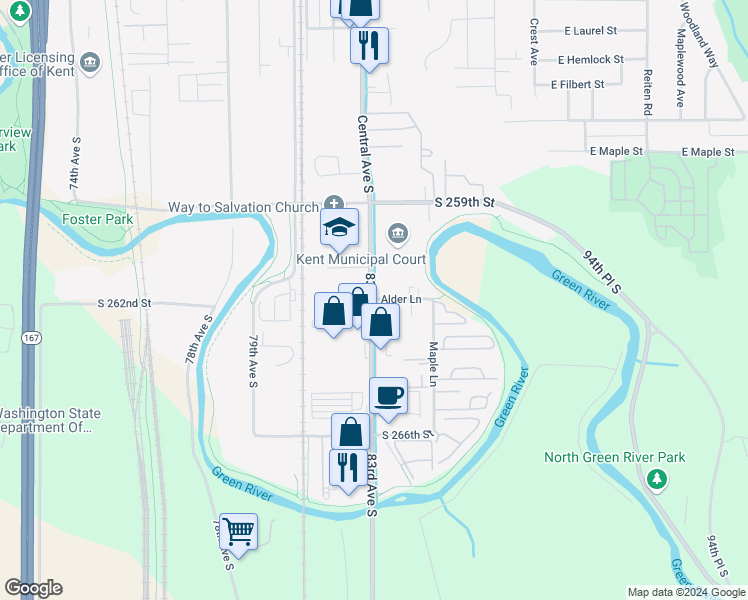 map of restaurants, bars, coffee shops, grocery stores, and more near 1405 Central Avenue South in Kent