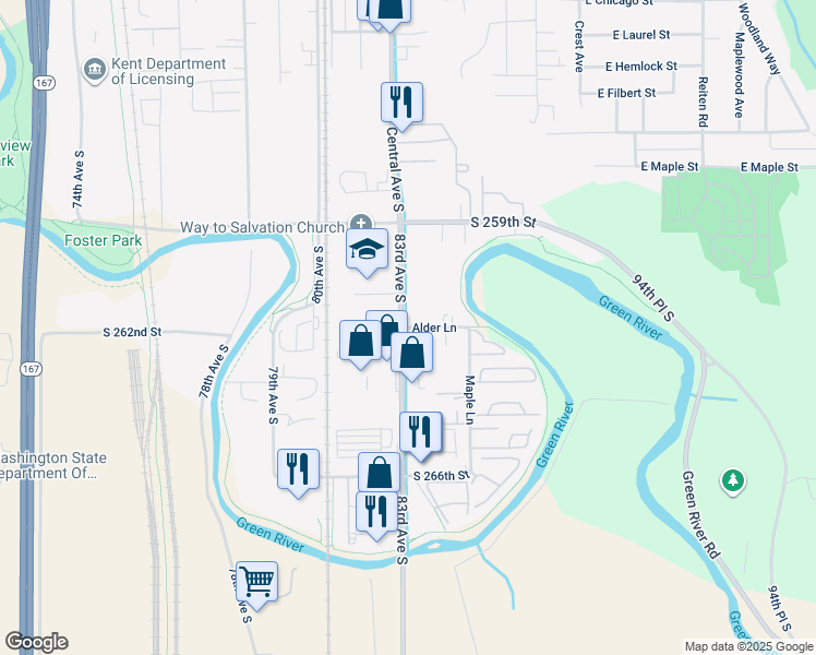 map of restaurants, bars, coffee shops, grocery stores, and more near 411 Alder Lane in Kent