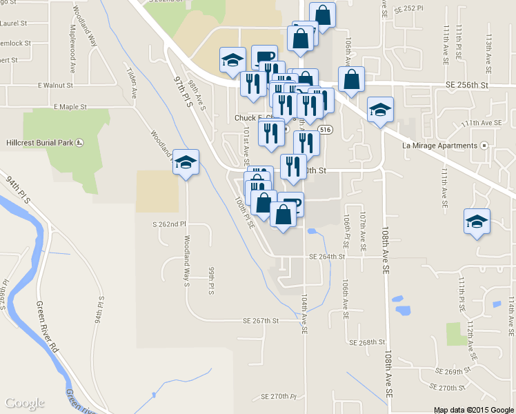 map of restaurants, bars, coffee shops, grocery stores, and more near 26117 104th Avenue Southeast in Kent