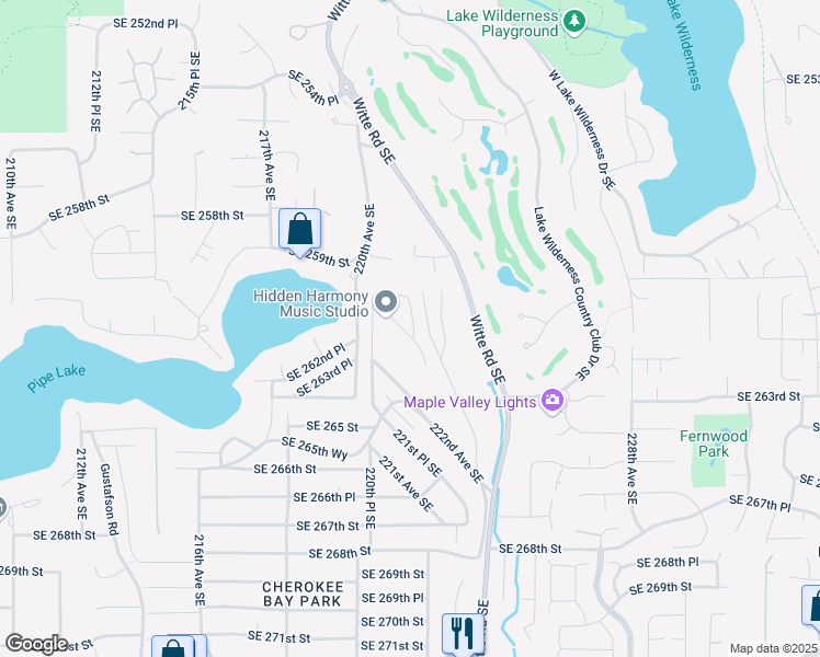 map of restaurants, bars, coffee shops, grocery stores, and more near 22053 Southeast 261st Place in Maple Valley