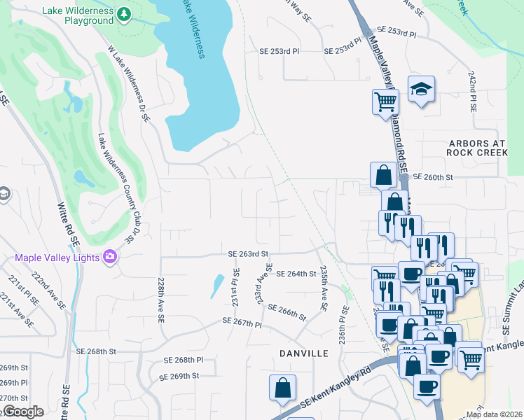map of restaurants, bars, coffee shops, grocery stores, and more near 26120 232nd Place Southeast in Maple Valley