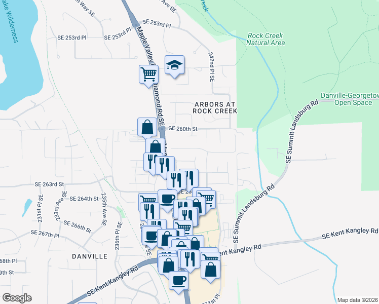 map of restaurants, bars, coffee shops, grocery stores, and more near 24052 Southeast 262nd Street in Maple Valley