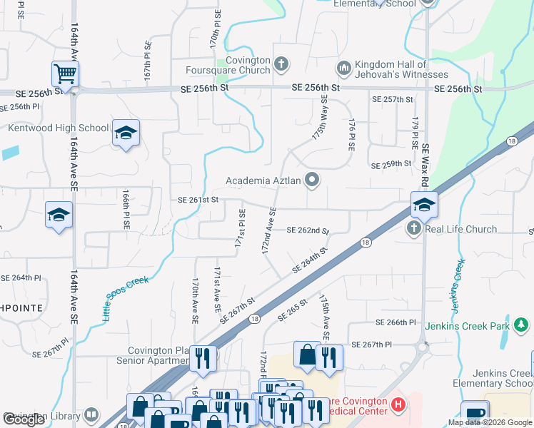map of restaurants, bars, coffee shops, grocery stores, and more near 26129 172nd Avenue Southeast in Covington