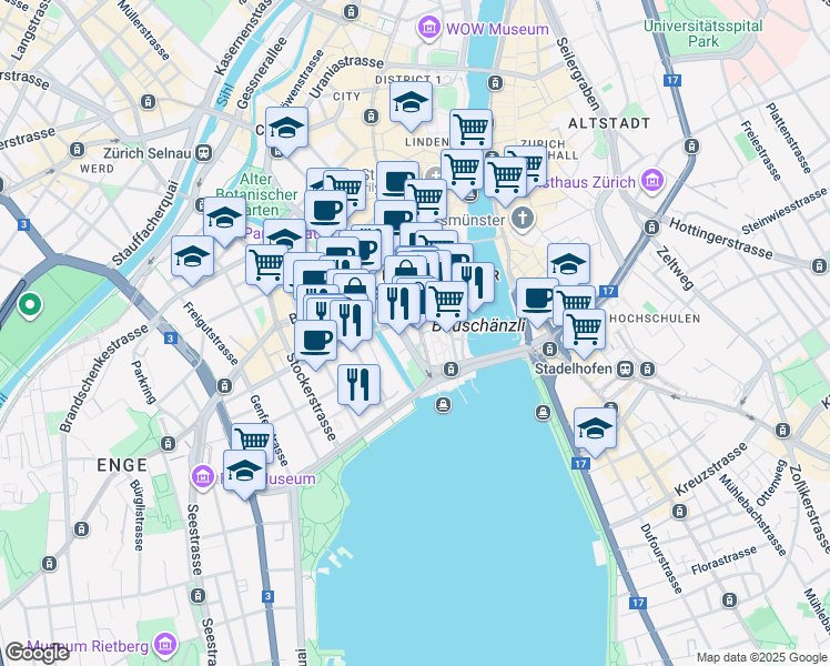 map of restaurants, bars, coffee shops, grocery stores, and more near 3 Bahnhofstrasse in Zürich