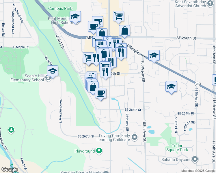 map of restaurants, bars, coffee shops, grocery stores, and more near 26243 104th Avenue Southeast in Kent