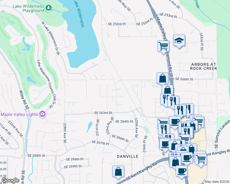 map of restaurants, bars, coffee shops, grocery stores, and more near 26209 233rd Court Southeast in Maple Valley
