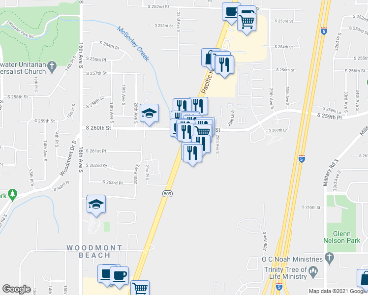 map of restaurants, bars, coffee shops, grocery stores, and more near 26326 Highway 509 in Kent